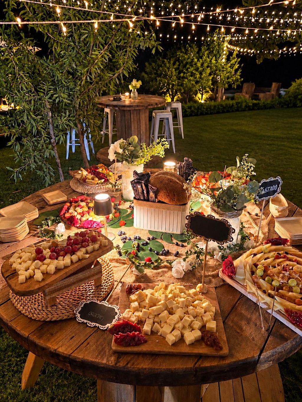 Mesa de quesos, ibéricos y picoteo iluminada de noche bajo guirnaldas de luces en el jardín de un evento en Sevilla